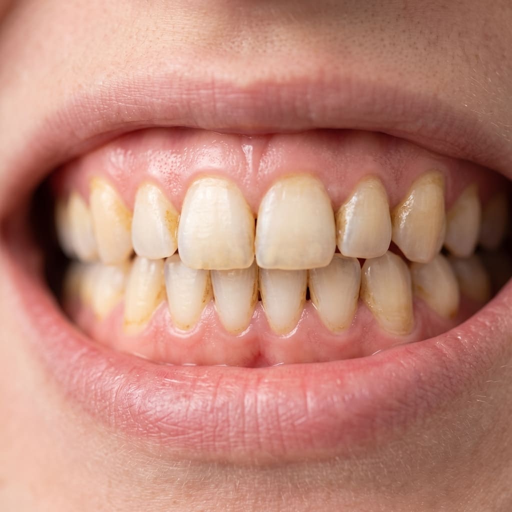 Dientes con manchas de café y tabaco que se eliminan con limpieza dental profesional en Villahermosa.