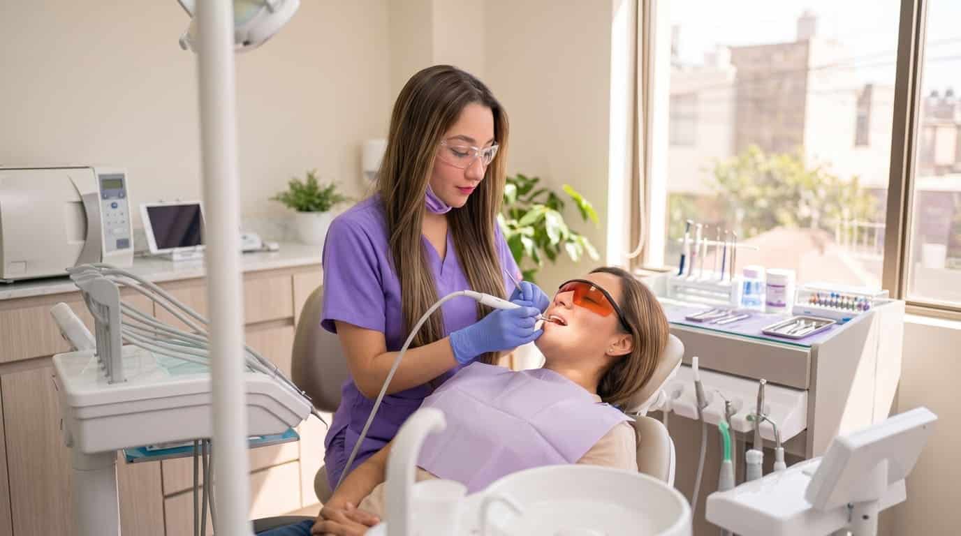 Dra. Brenda García realizando una limpieza dental con ultrasonido en Odontología Familiar Solangel, Villahermosa.