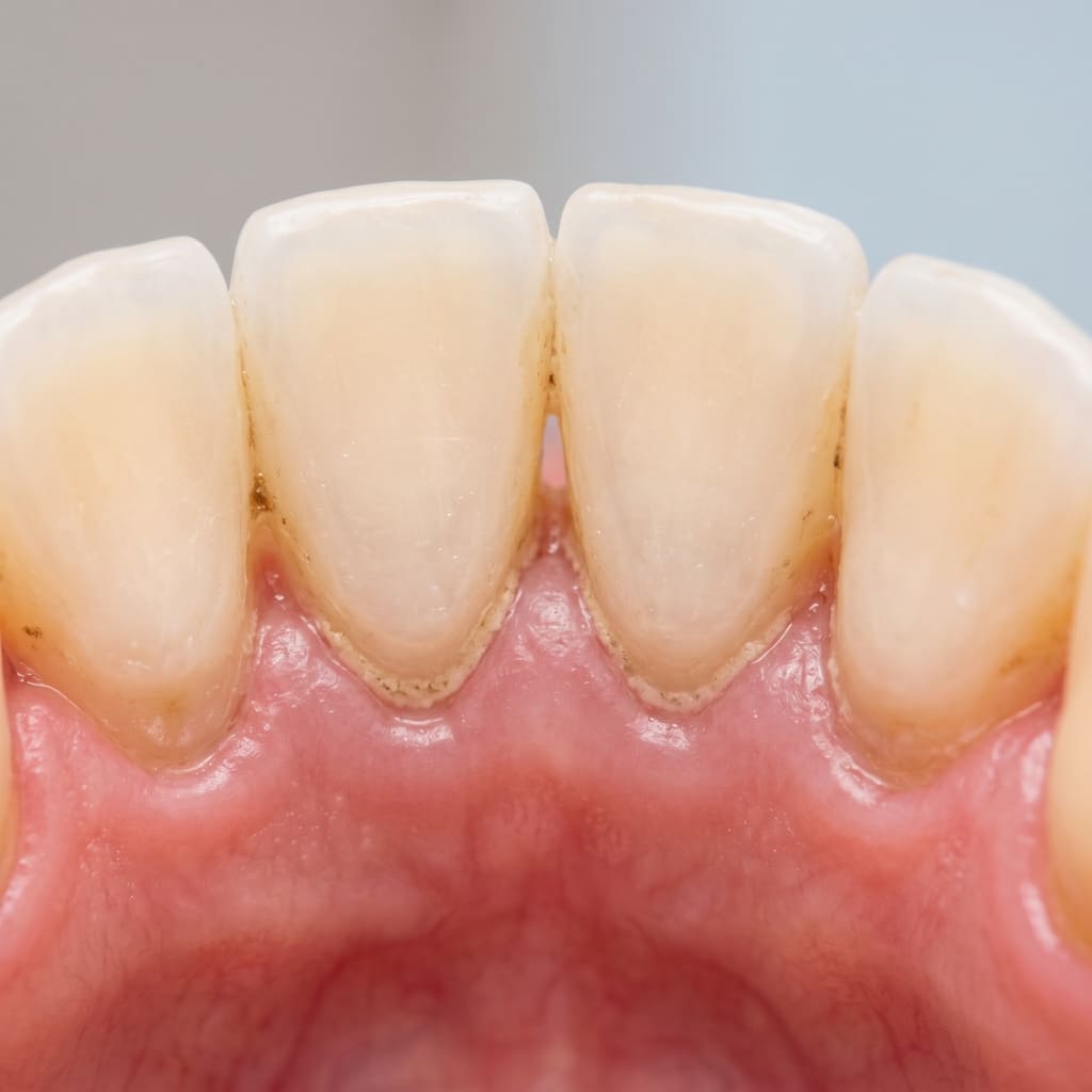 Acumulación de sarro en la línea de la encía, retirado con limpieza dental con ultrasonido en Solangel.